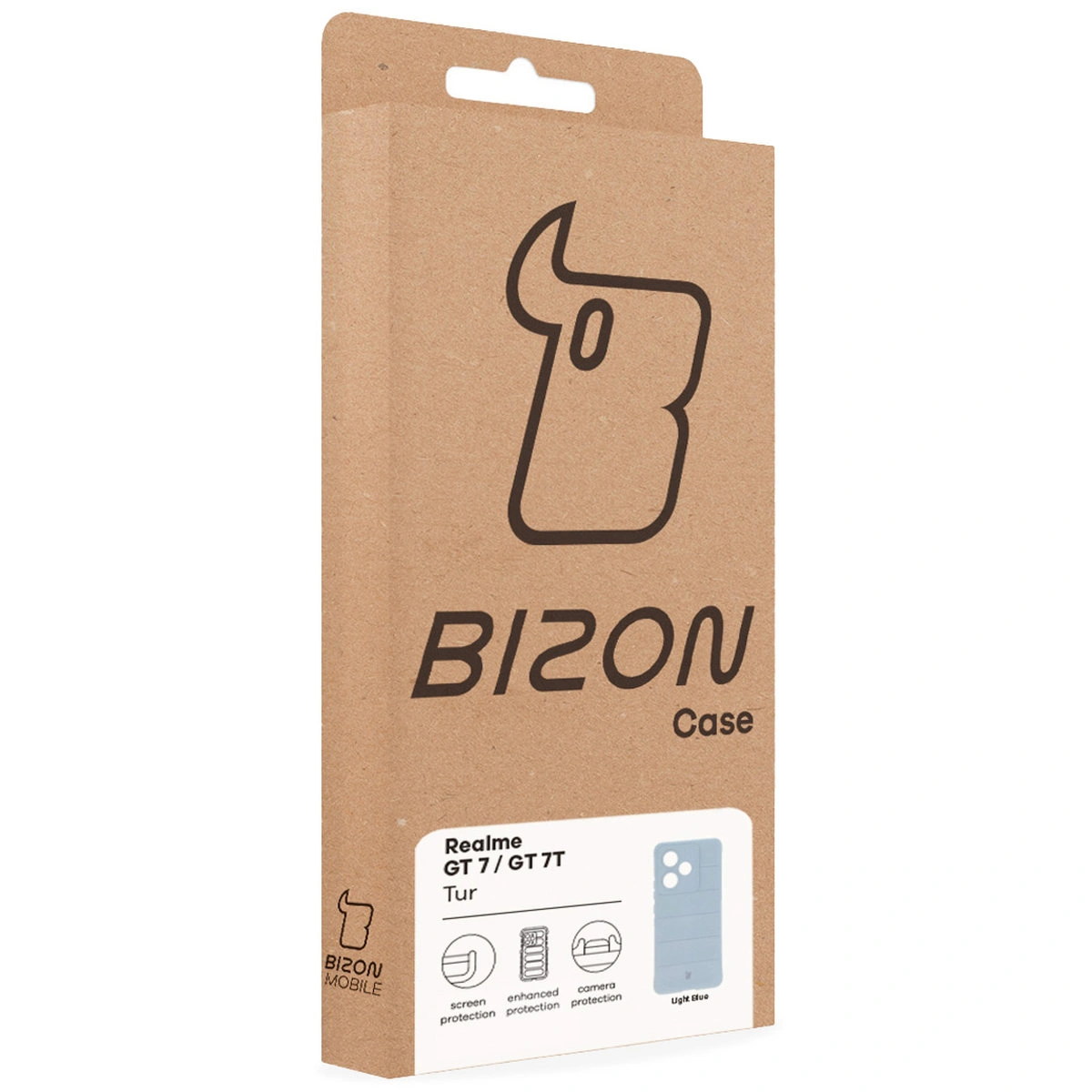 Fața cutiei Bizon Case cu eticheta dedicată pentru Realme GT 7 / Realme GT 7T
