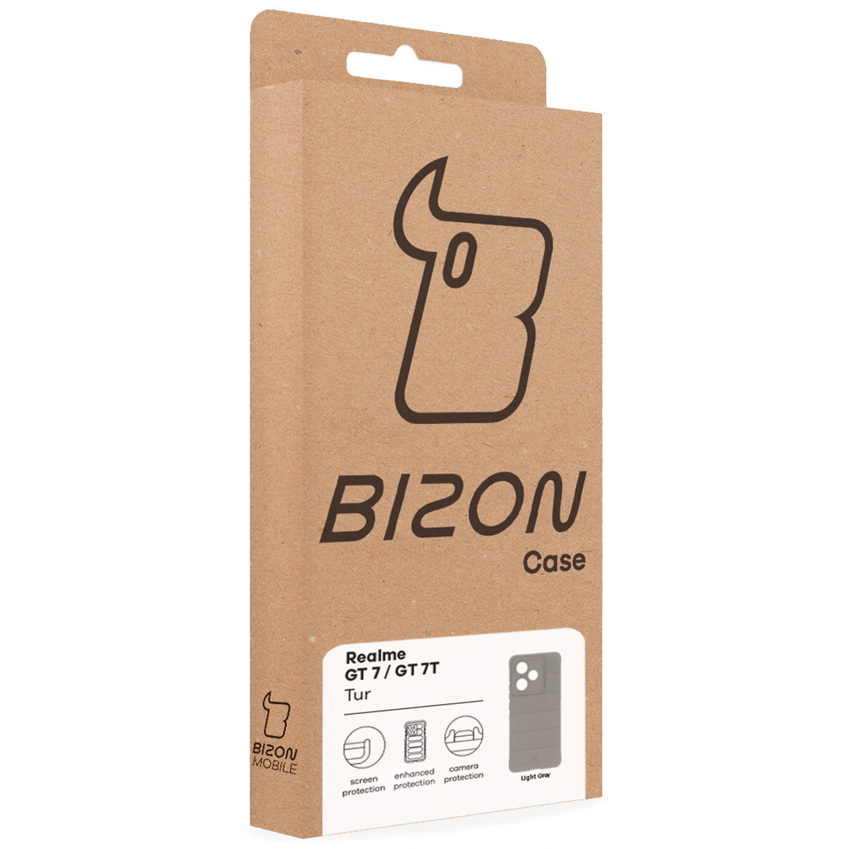 Fața cutiei Bizon Case cu eticheta dedicată pentru Realme GT 7 / Realme GT 7T
