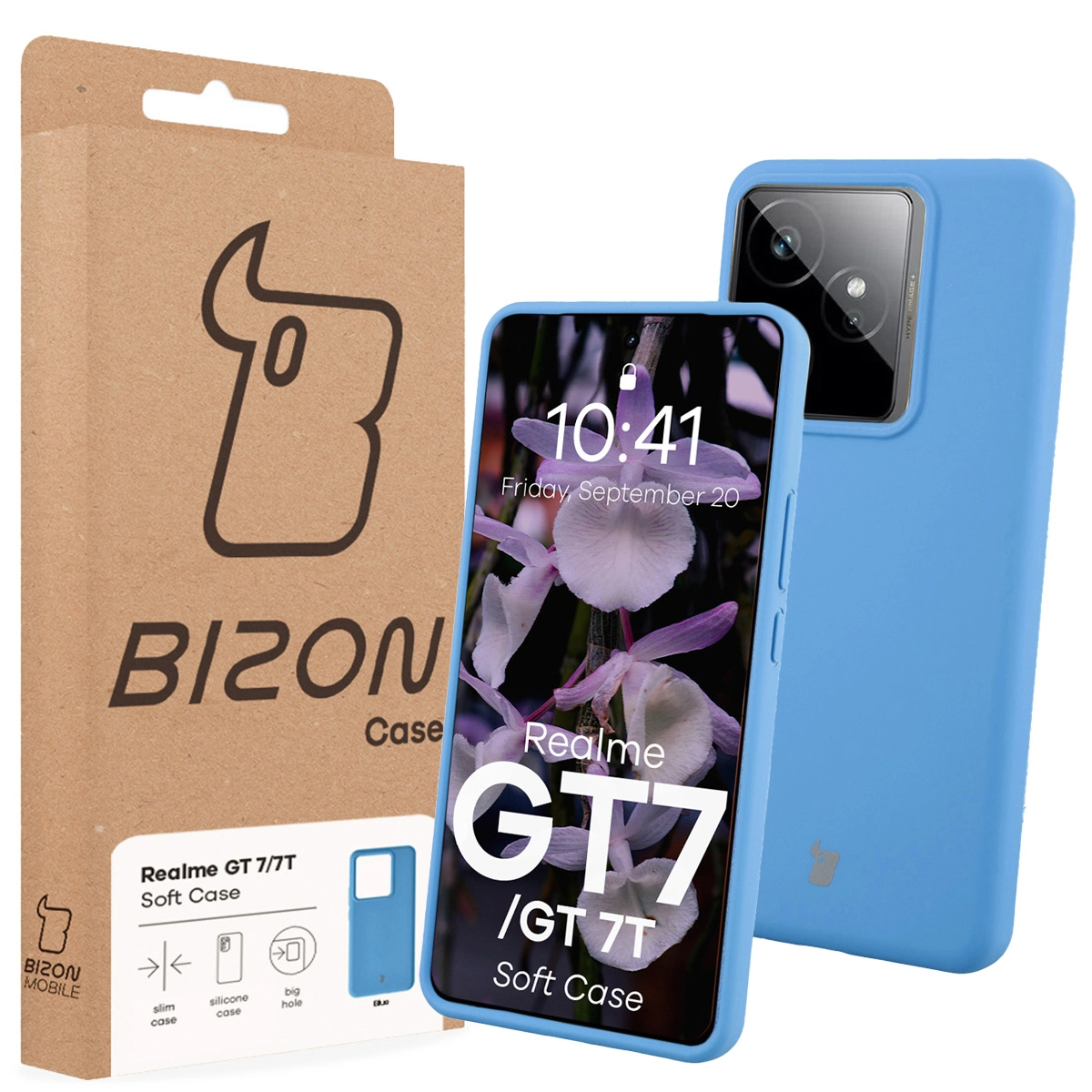 Przód pudełka Bizon Case z dedykowaną etykietą do Realme GT 7 / Realme GT 7T