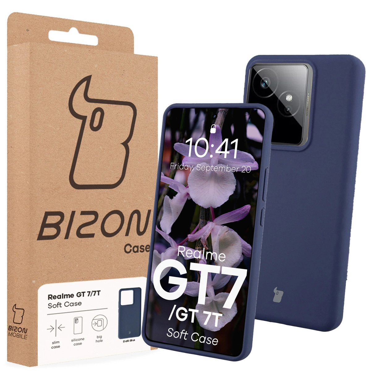 Przód pudełka Bizon Case z dedykowaną etykietą do Realme GT 7 / Realme GT 7T