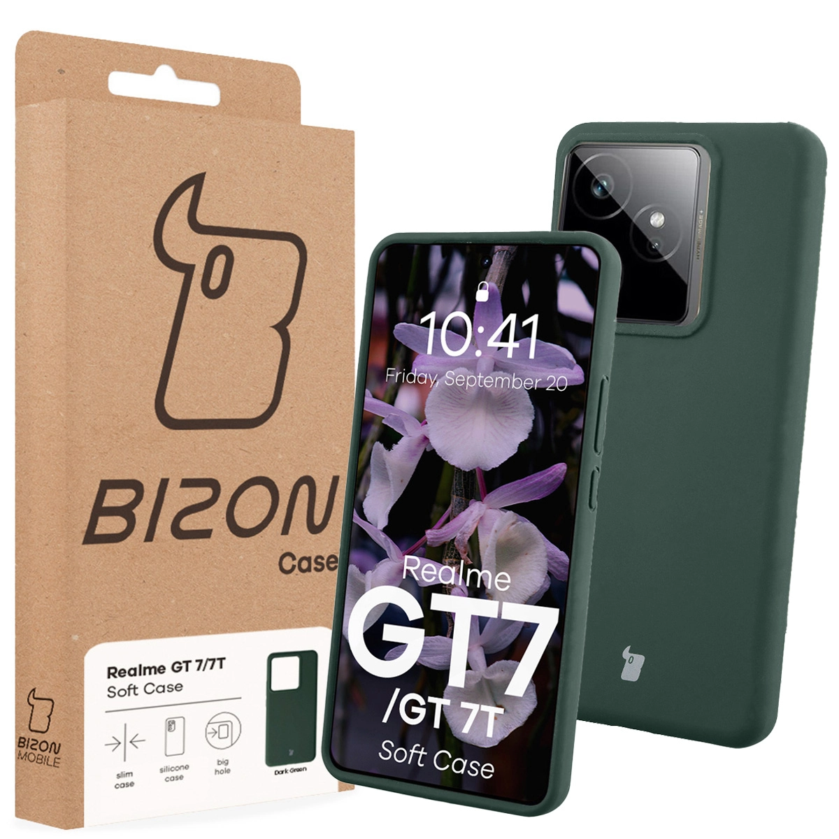 Przód pudełka Bizon Case z dedykowaną etykietą do Realme GT 7 / Realme GT 7T