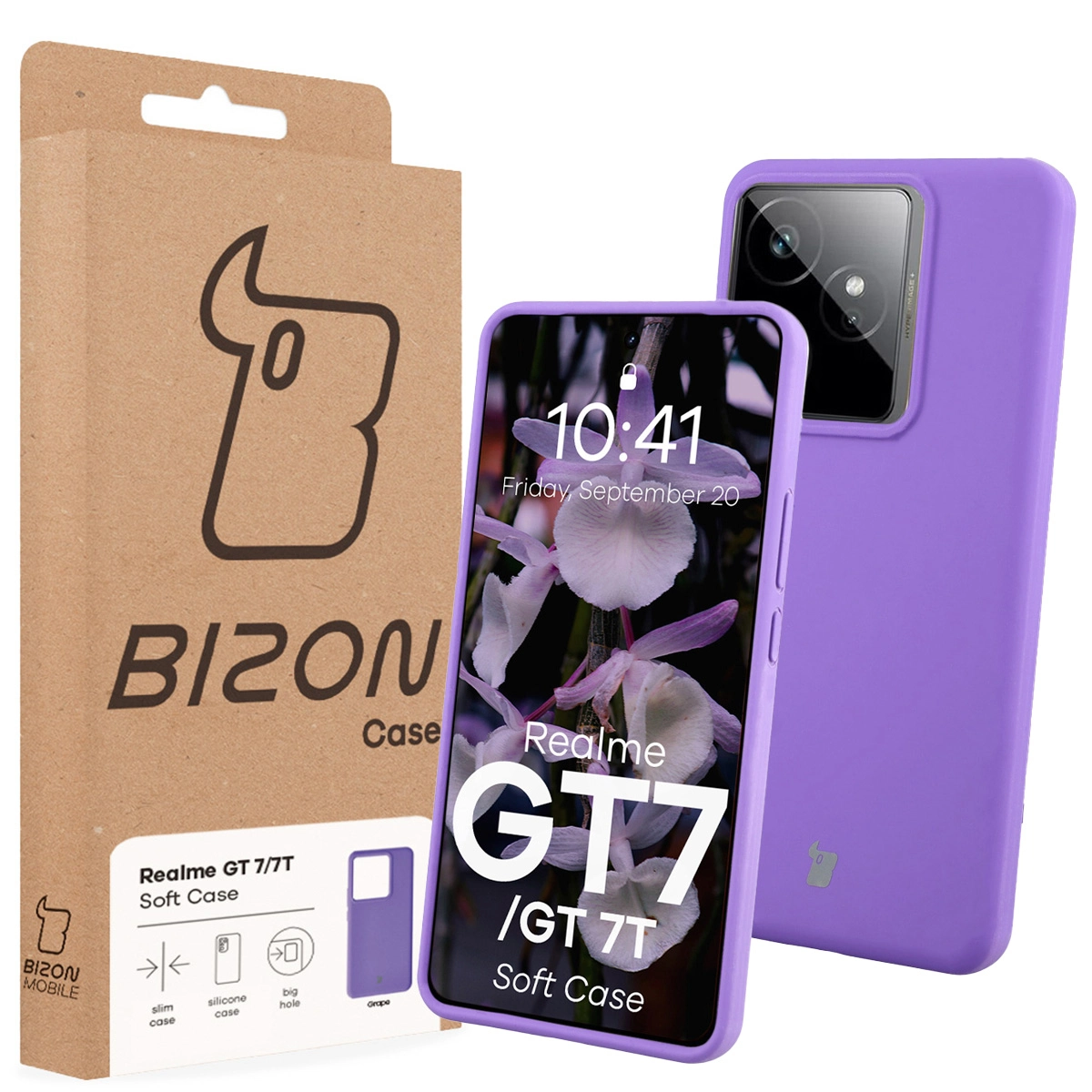 Przód pudełka Bizon Case z dedykowaną etykietą do Realme GT 7 / Realme GT 7T