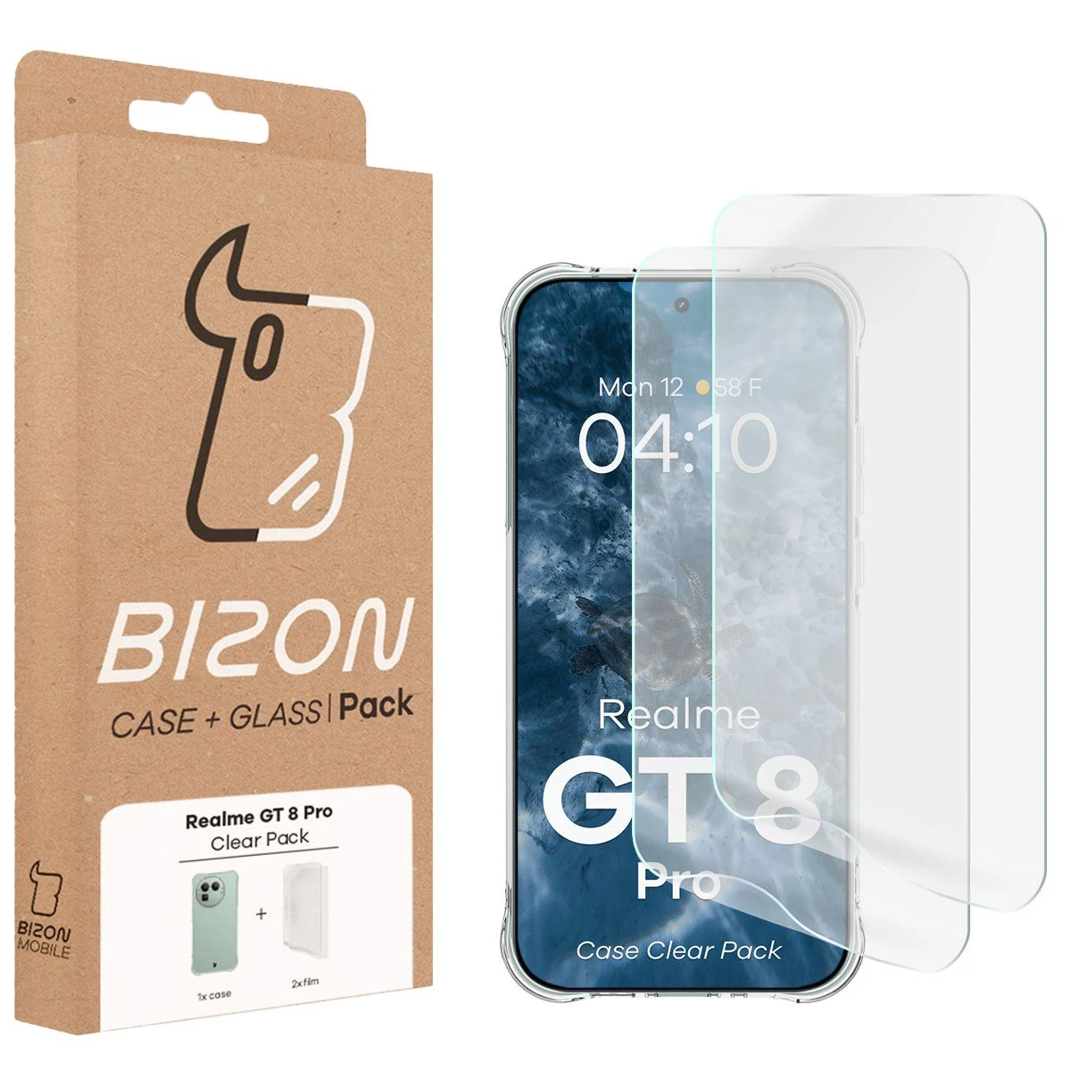 Front of the Bizon Case+Glass box with a dedicated label for Realme GT 8 Pro