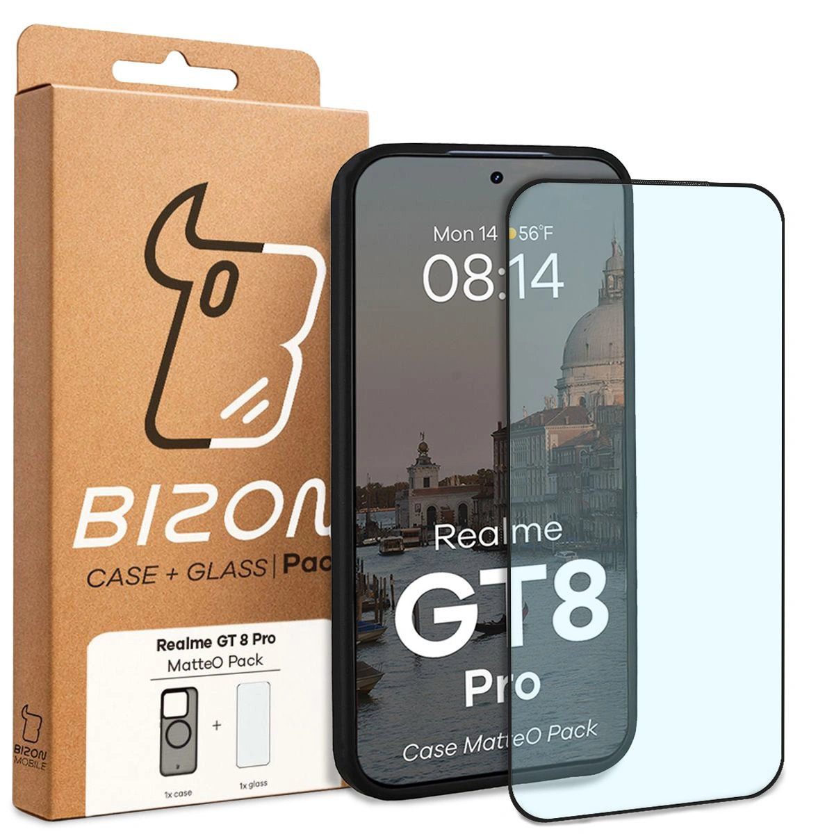 Przód pudełka Bizon Case Matteo Pack z dedykowaną etykietą do Realme GT 8 Pro
