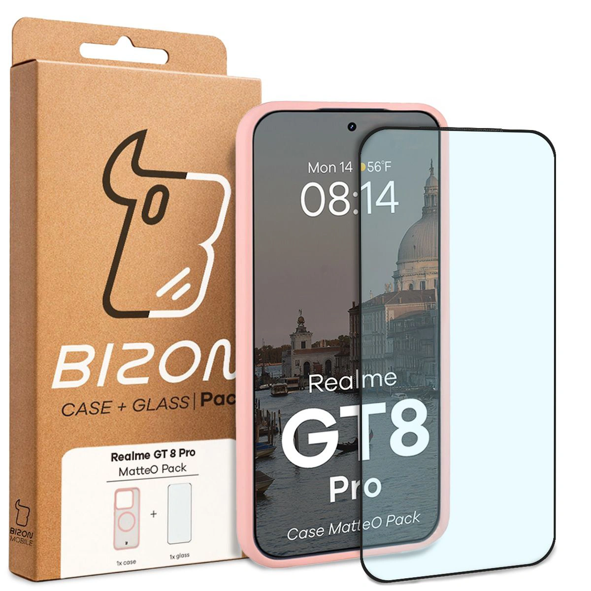 Przód pudełka Bizon Case Matteo Pack z dedykowaną etykietą do Realme GT 8 Pro