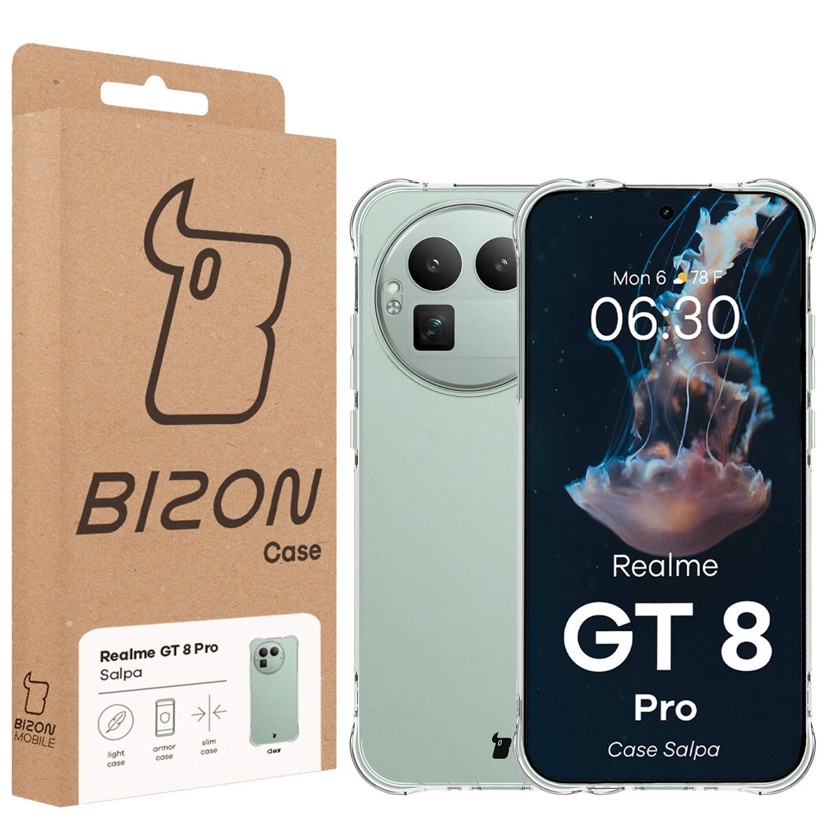 Vorderseite der Bizon Case Verpackung mit dediziertem Etikett für Realme GT 8 Pro