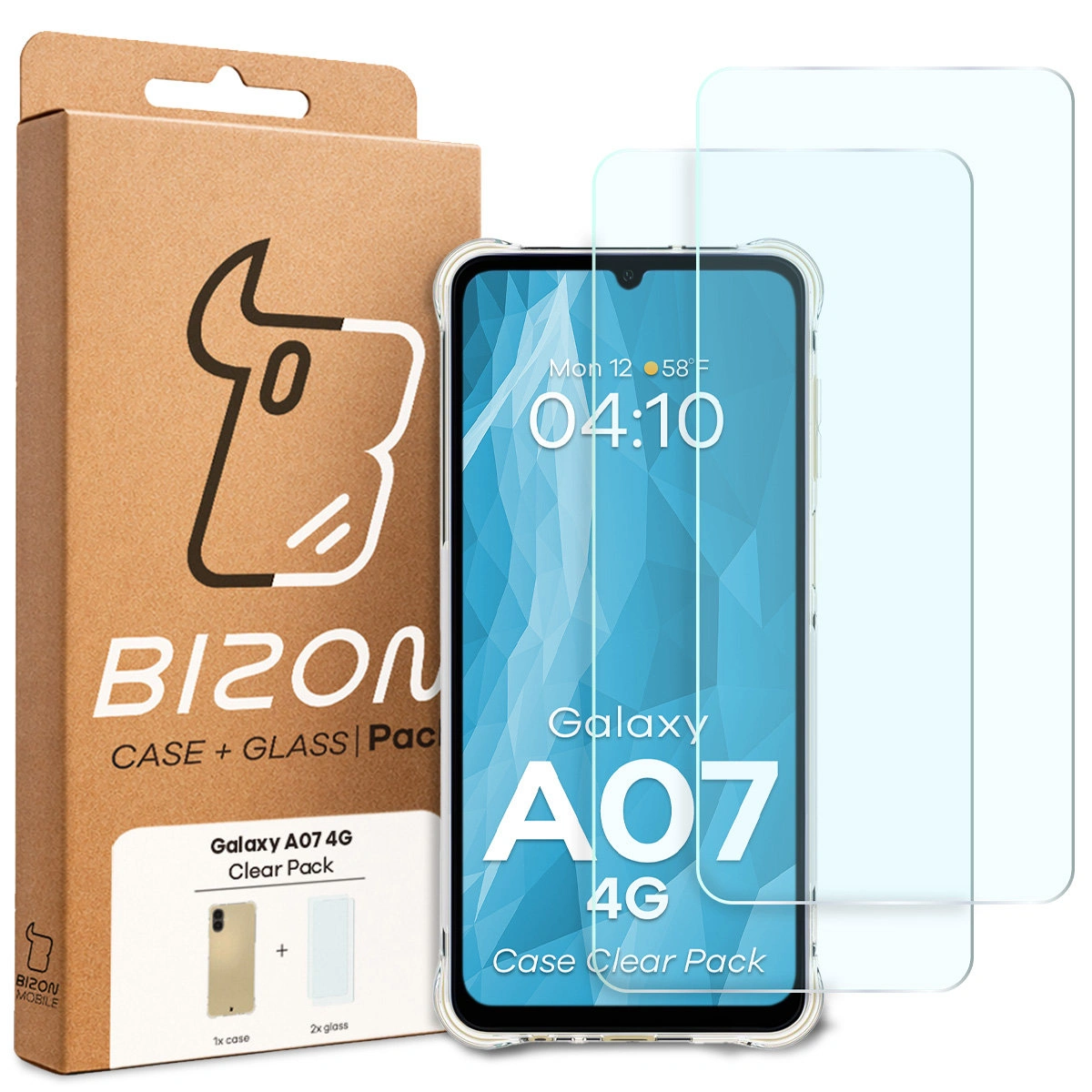 Front of the Bizon Case+Glass box with a dedicated label for Samsung Galaxy A07 4G