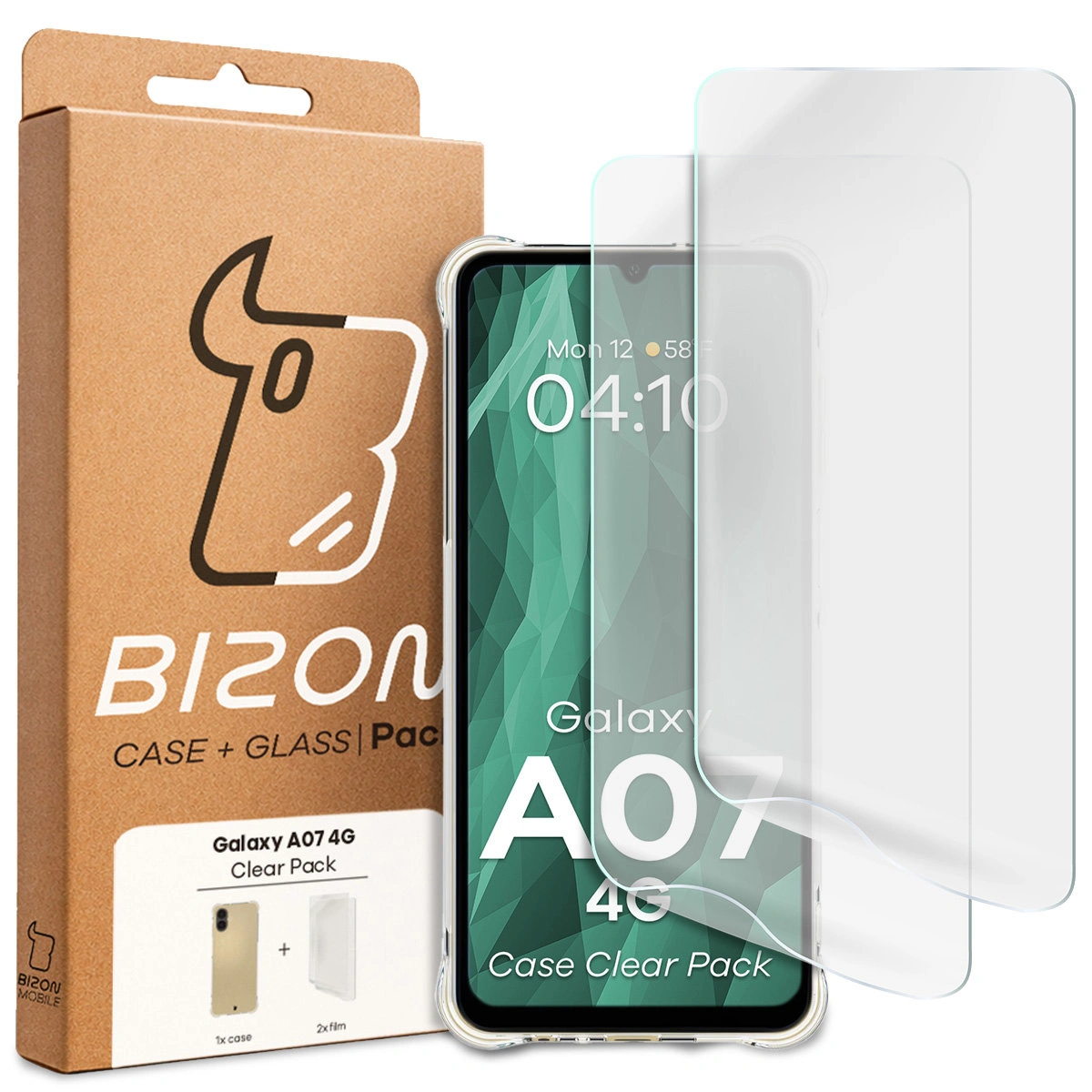 Front of the Bison Case+Glass box with a dedicated label for Samsung Galaxy A07 4G