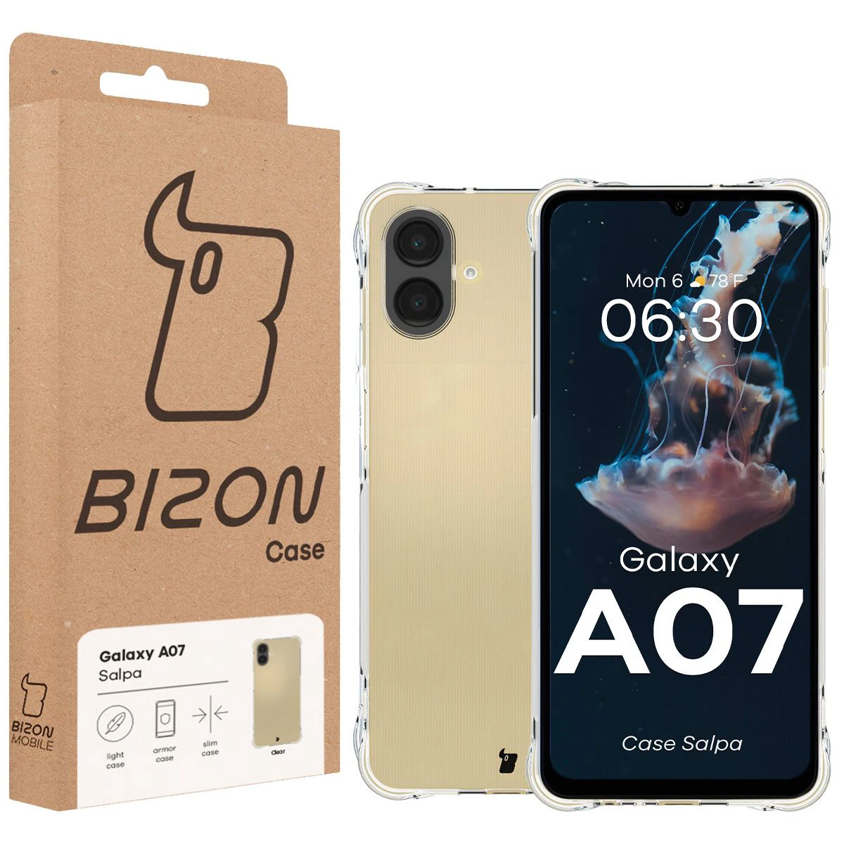 Front of the Bizon Case box with a dedicated label for Samsung Galaxy A07 4G
