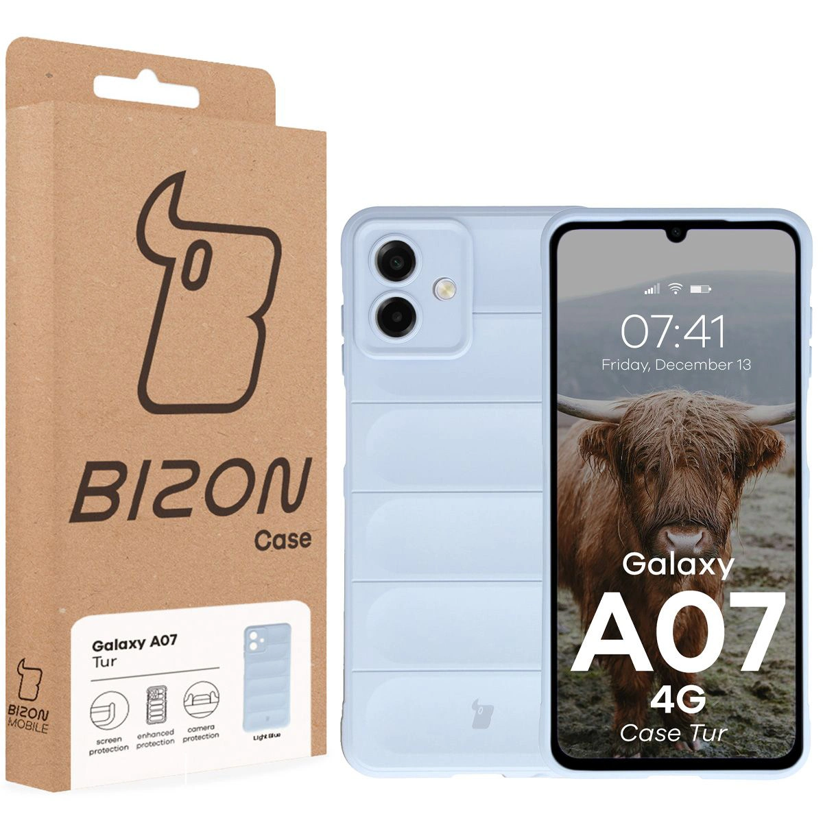 Front of the Bison Case box with a dedicated label for Samsung Galaxy A07 4G
