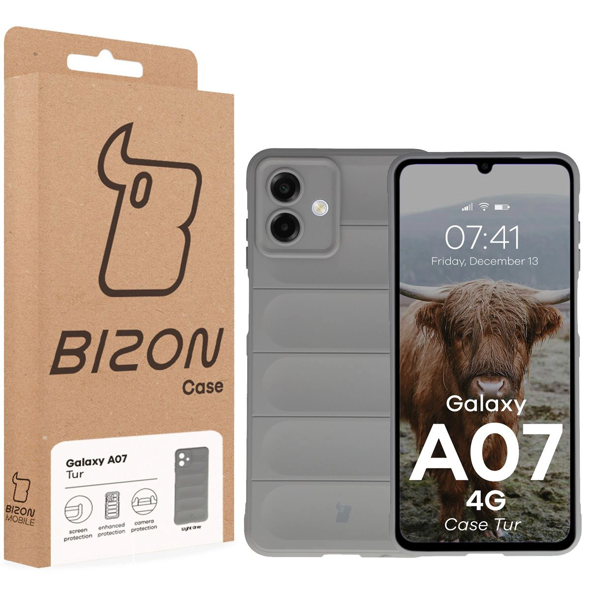 Front of the Bison Case box with a dedicated label for Samsung Galaxy A07 4G