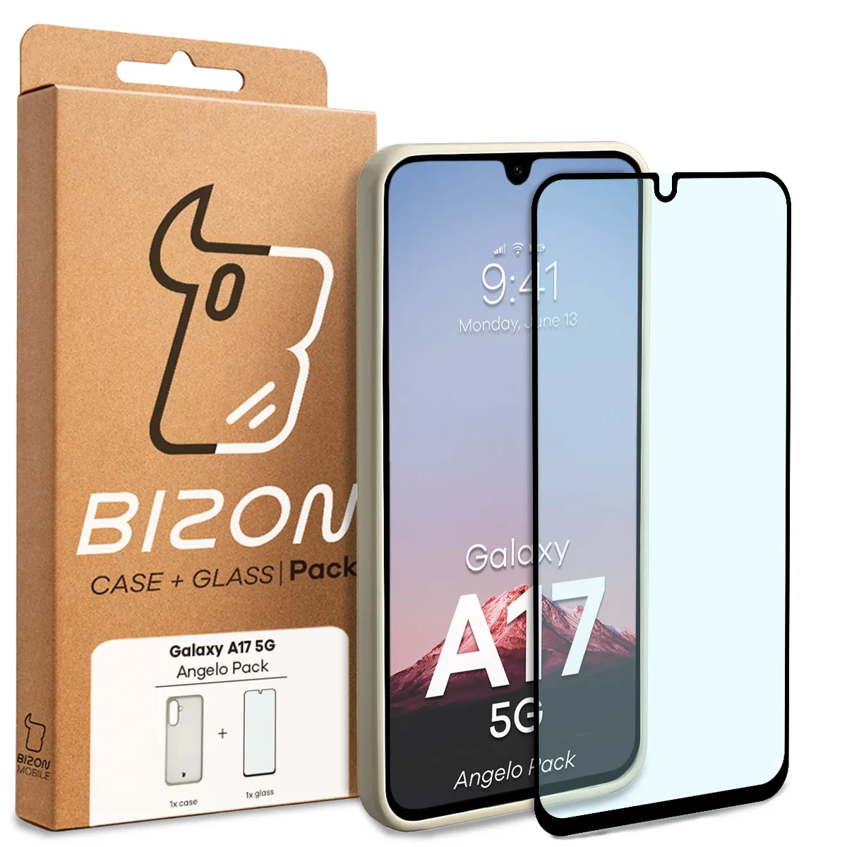 Przód pudełka Bizon Case Angelo Pack z dedykowaną etykietą do Samsung Galaxy A17 5G