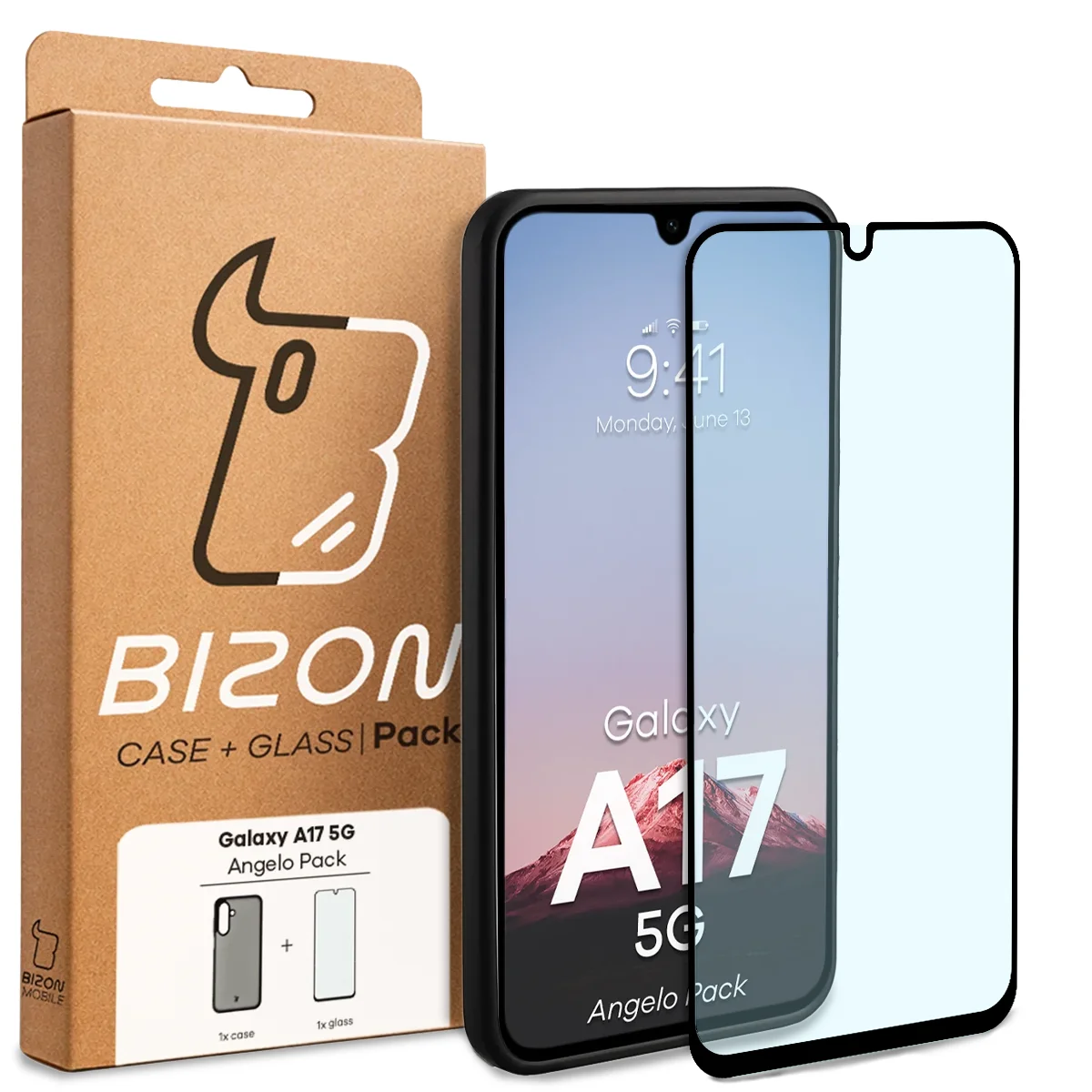 Przód pudełka Bizon Case Angelo Pack z dedykowaną etykietą do Samsung Galaxy A17 5G
