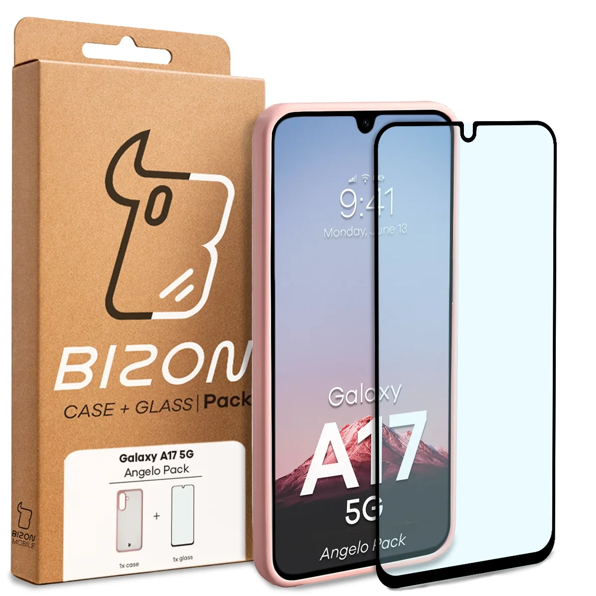 Przód pudełka Bizon Case Angelo Pack z dedykowaną etykietą do Samsung Galaxy A17 5G