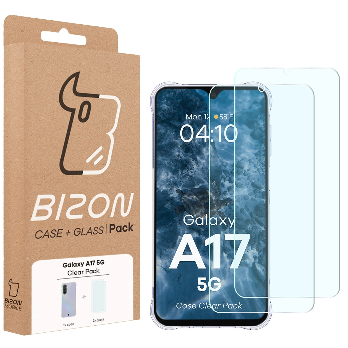 Przód pudełka Bizon Case+Glass z dedykowaną etykietą do Samsung Galaxy A17 5G