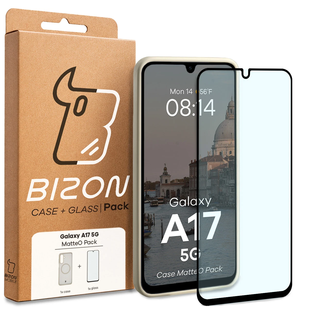 Przód pudełka Bizon Case Matteo Pack z dedykowaną etykietą do Samsung Galaxy A17 5G