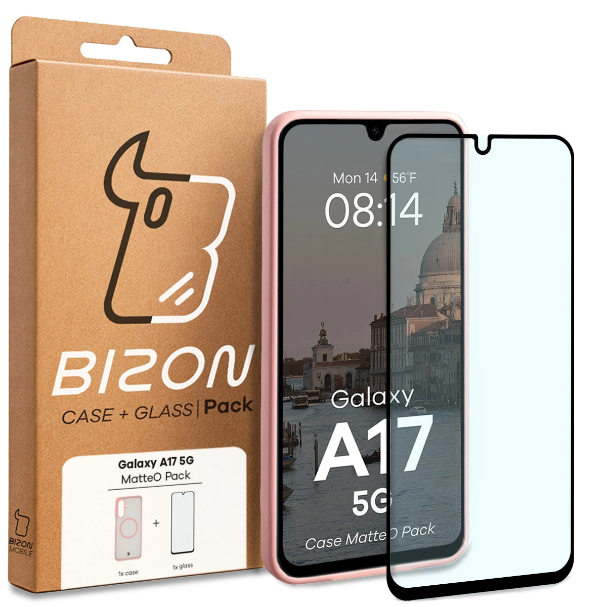 Przód pudełka Bizon Case Matteo Pack z dedykowaną etykietą do Samsung Galaxy A17 5G