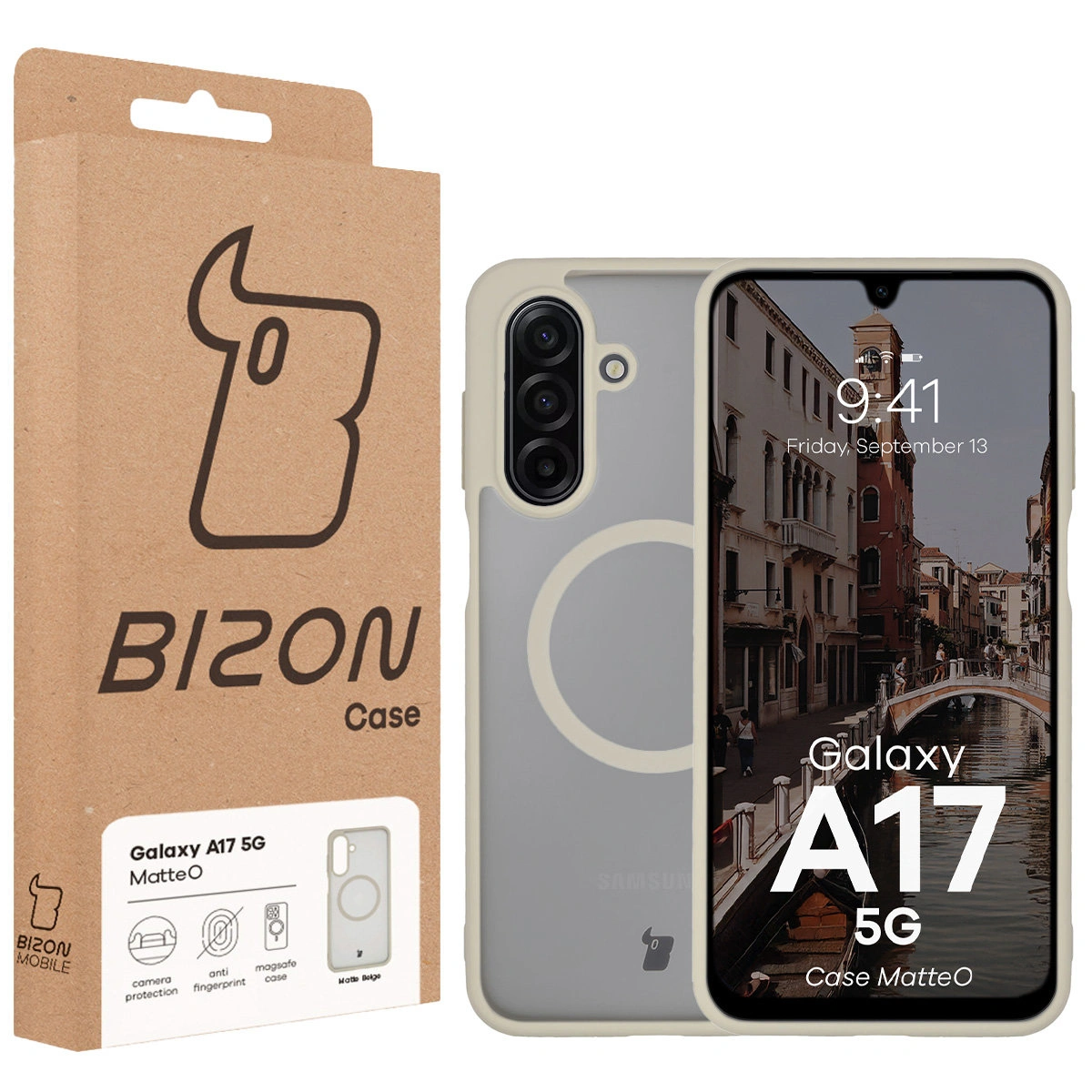 Przód pudełka Bizon Case z dedykowaną etykietą do Samsung Galaxy A17 5G