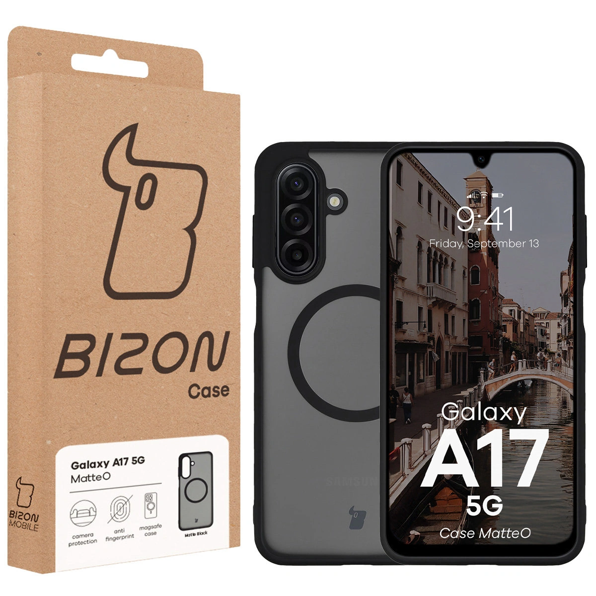 Przód pudełka Bizon Case z dedykowaną etykietą do Samsung Galaxy A17 5G