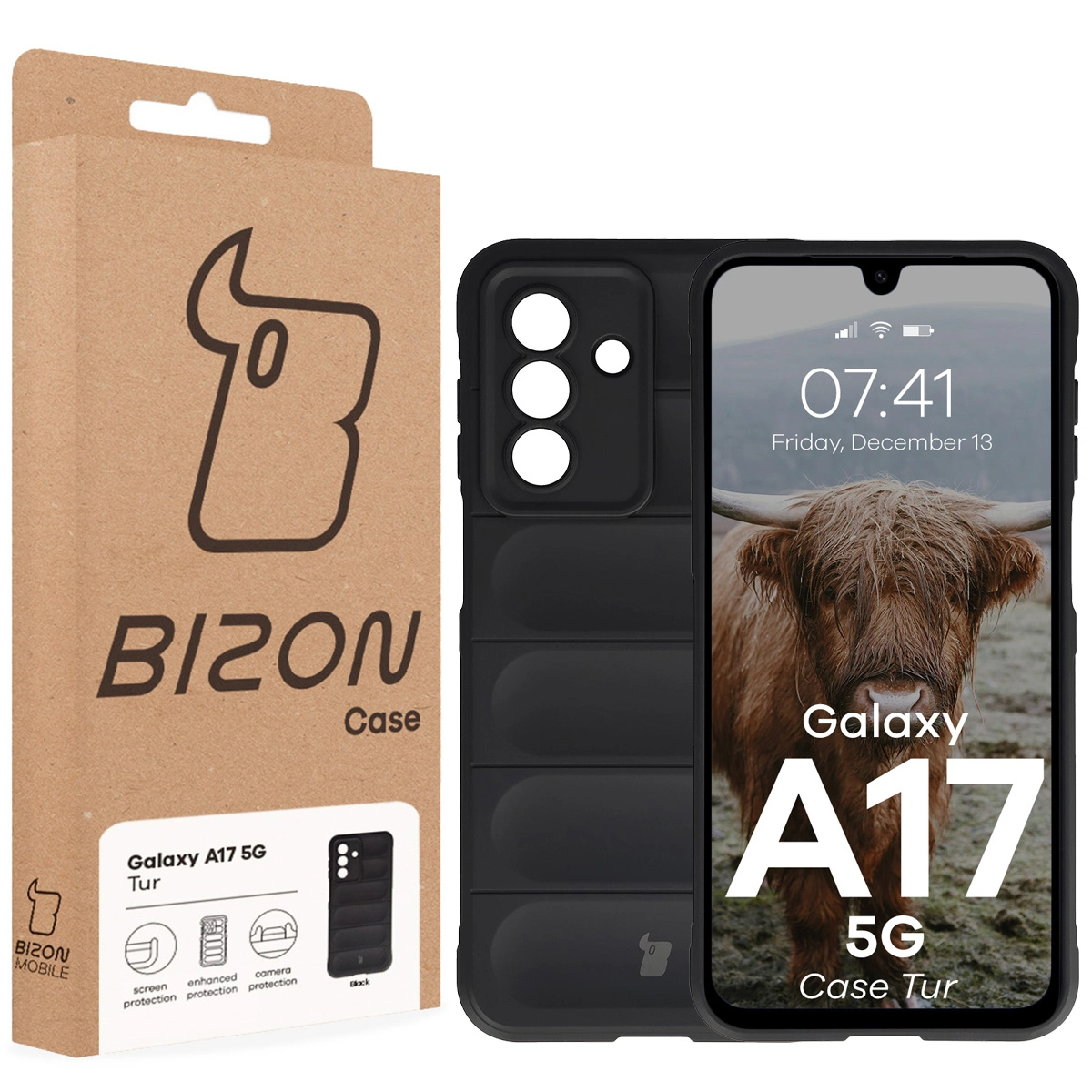 Fața cutiei Bizon Case cu etichetă dedicată pentru Samsung Galaxy A17 5G