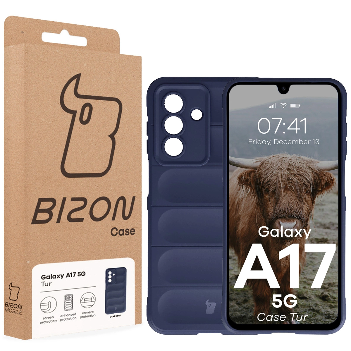 Fața cutiei Bizon Case cu eticheta dedicată pentru Samsung Galaxy A17 5G
