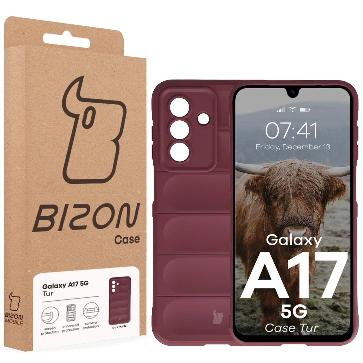 Fața cutiei Bizon Case cu eticheta dedicată pentru Samsung Galaxy A17 5G