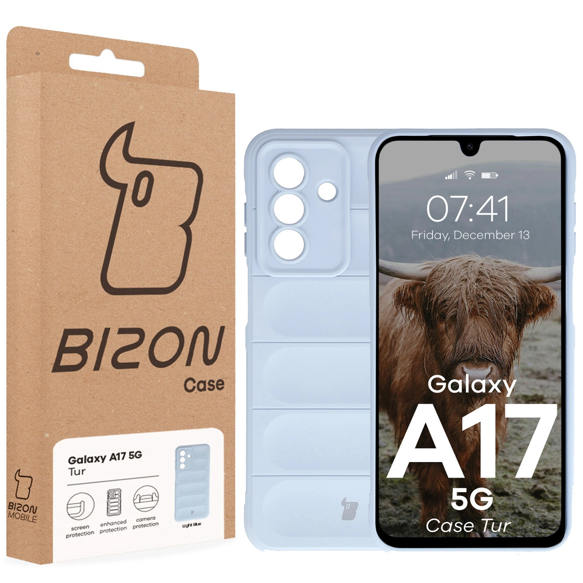 Fața cutiei Bizon Case cu eticheta dedicată pentru Samsung Galaxy A17 5G