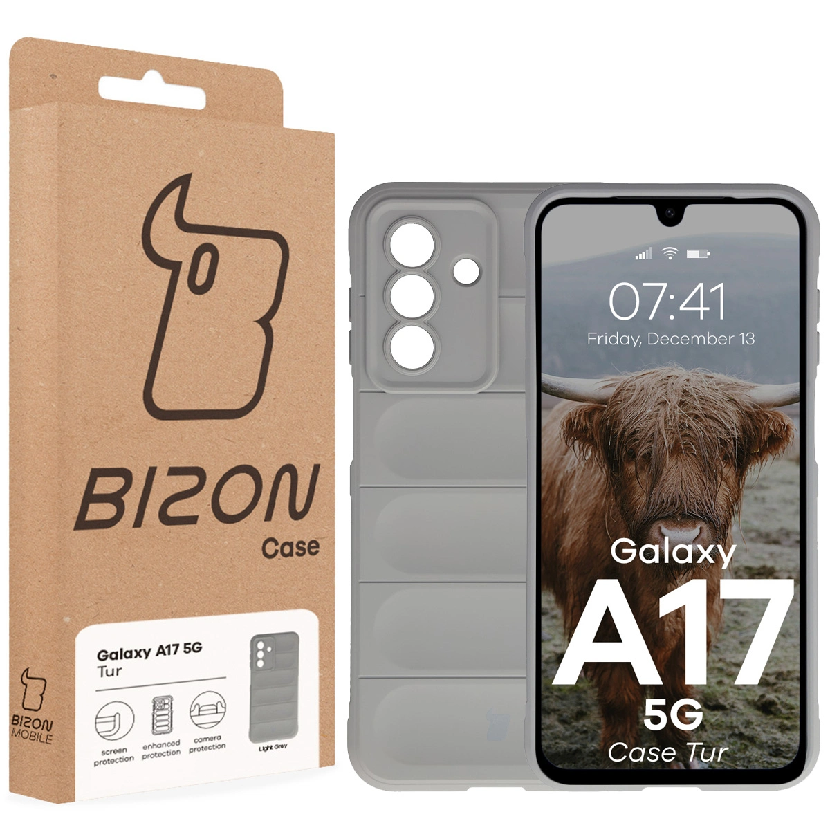 Fața cutiei Bizon Case cu eticheta dedicată pentru Samsung Galaxy A17 5G