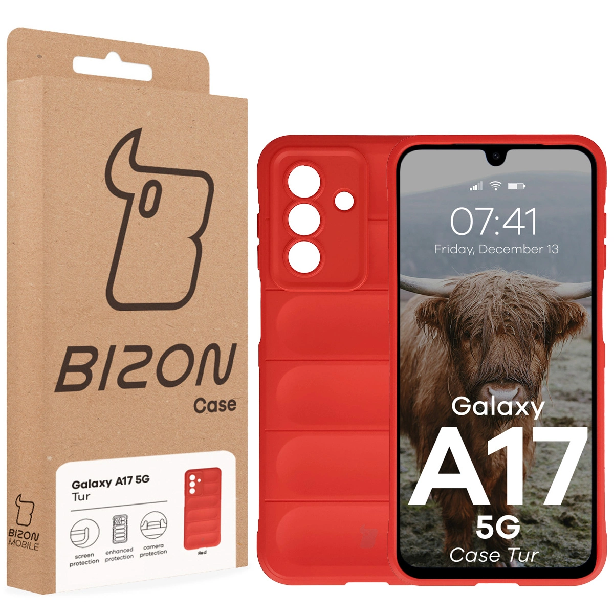 Fața cutiei Bizon Case cu eticheta dedicată pentru Samsung Galaxy A17 5G