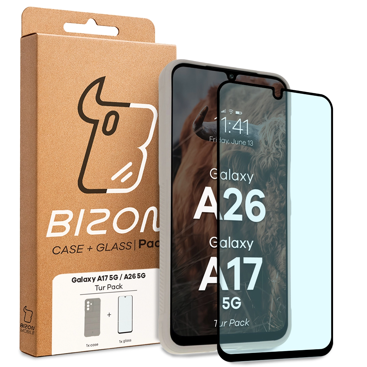 Front of the Bison Tur Pack box with a dedicated label for Samsung Galaxy A17 5G / Samsung Galaxy A26 5G
