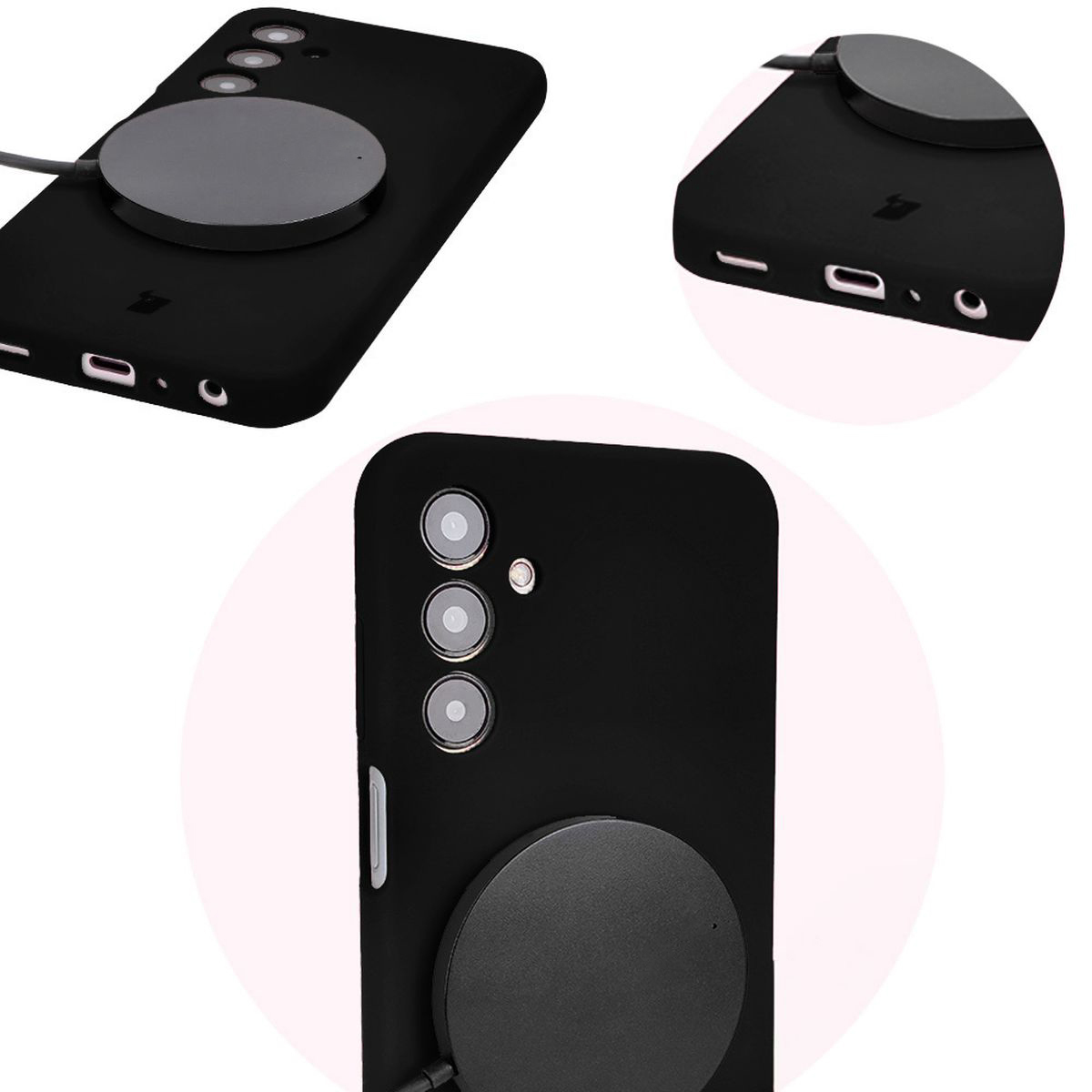 Close-up of precise cutouts and wireless charging capability in Bizon Soft Case