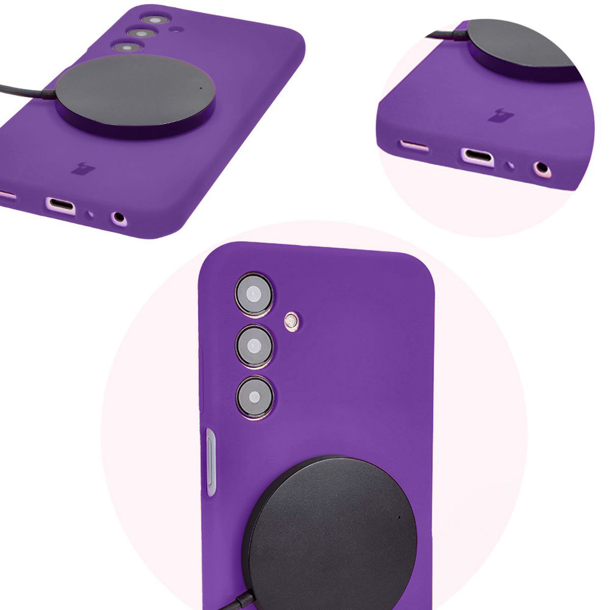 Prim-plan asupra decupajelor precise și a posibilității de încărcare wireless în husa Bizon Soft Case
