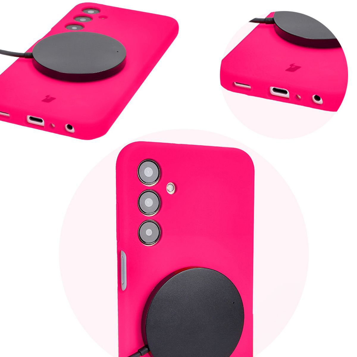 Zbliżenie na precyzyjne wycięcia i możliwość ładowania indukcyjnego w etui Bizon Soft Case