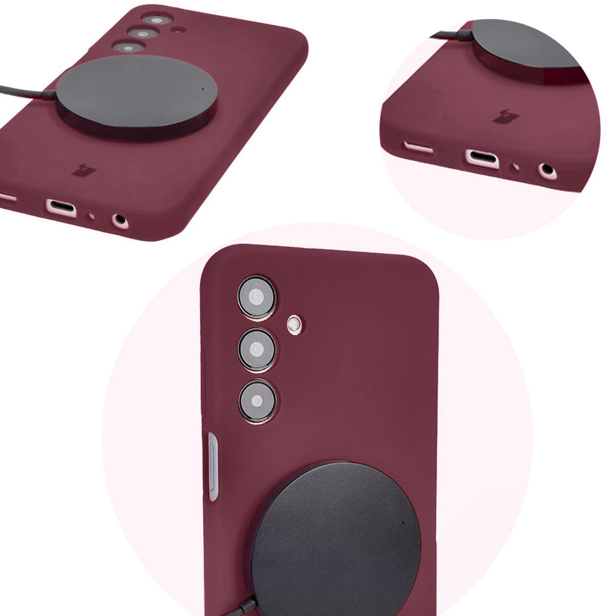 Prim-plan pe decupajele precise și posibilitatea de încărcare wireless în husa Bizon Soft Case