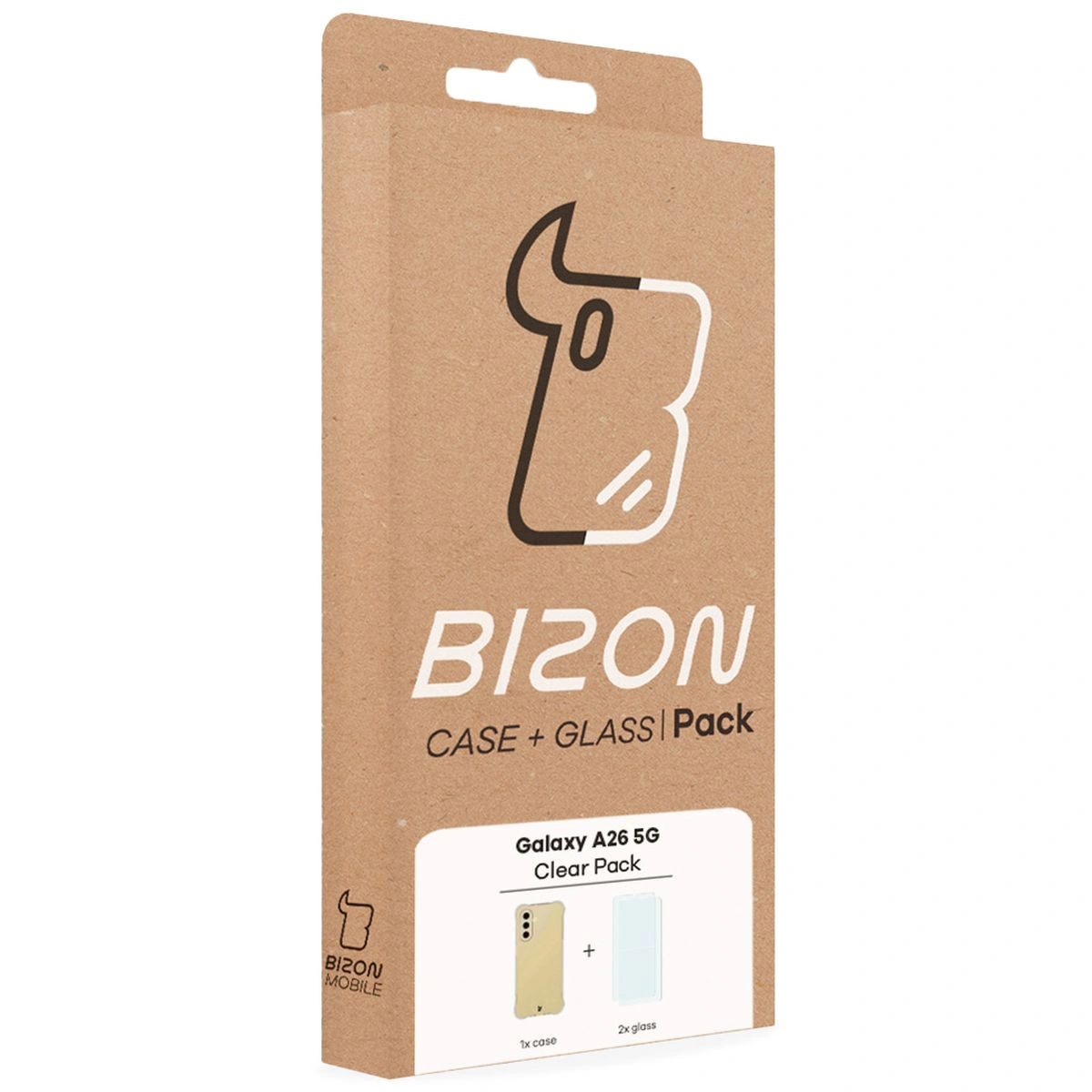 Vorderseite der Verpackung Bizon Case+Glass mit dediziertem Etikett für Samsung Galaxy A26 5G