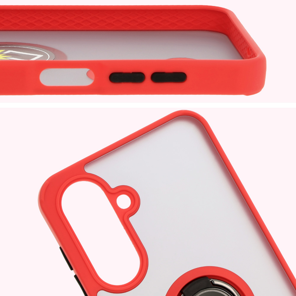 Zbliżenie na podwyższone krawędzie przy wyświetlaczu i wyspie aparatu w etui Bizon Hybrid Ring