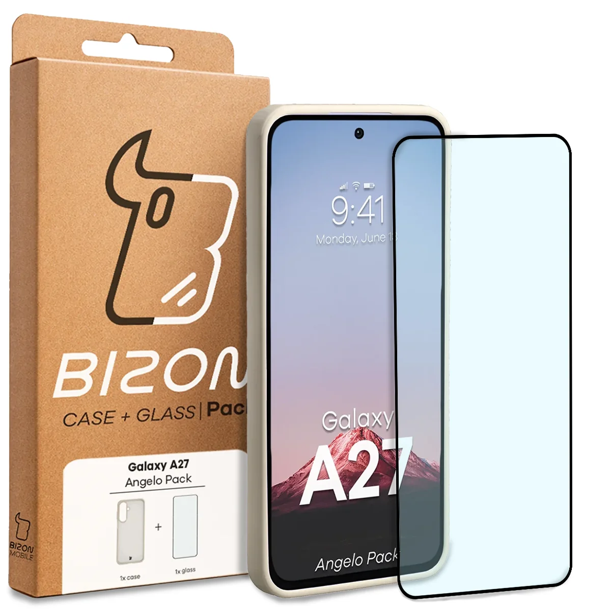 Front of the Bizon Case Angelo Pack box with a dedicated label for Samsung Galaxy A27 5G