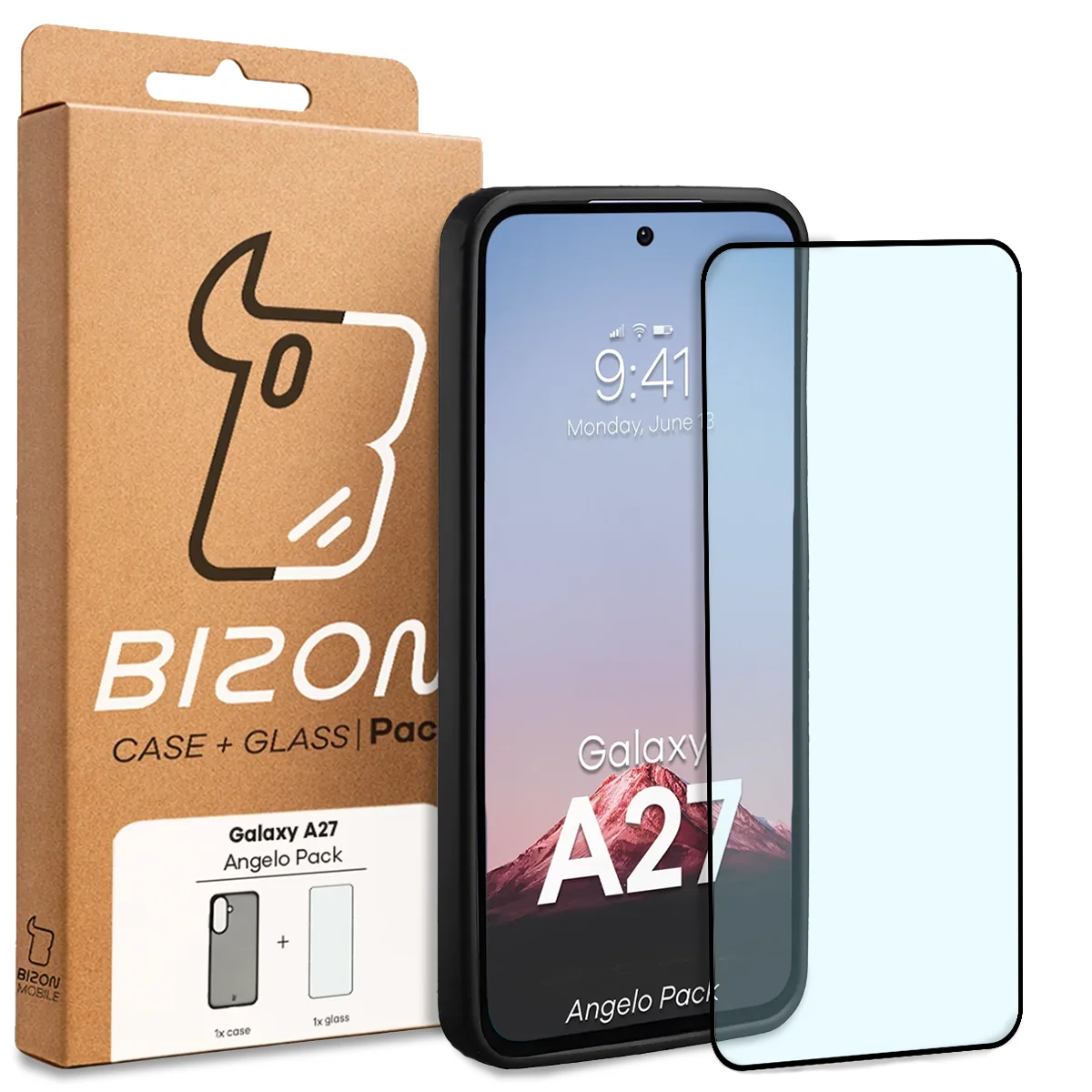 Front of the Bizon Case Angelo Pack box with a dedicated label for Samsung Galaxy A27 5G