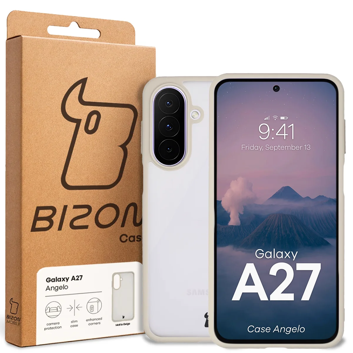 Front of the Bizon Case box with a dedicated label for Samsung Galaxy A27 5G