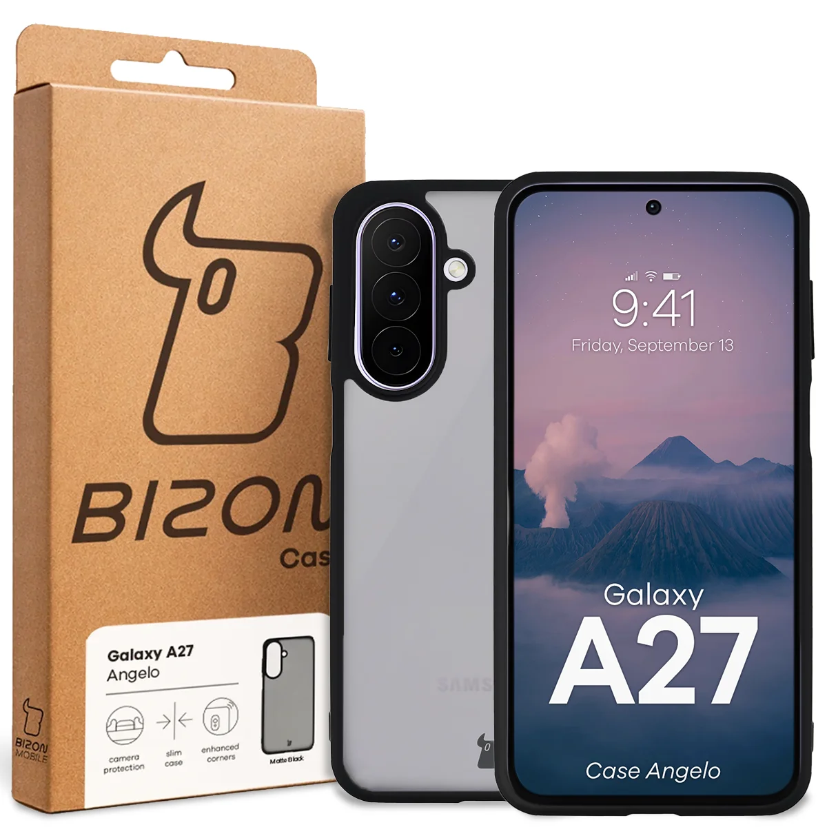 Front of the Bizon Case box with a dedicated label for Samsung Galaxy A27 5G