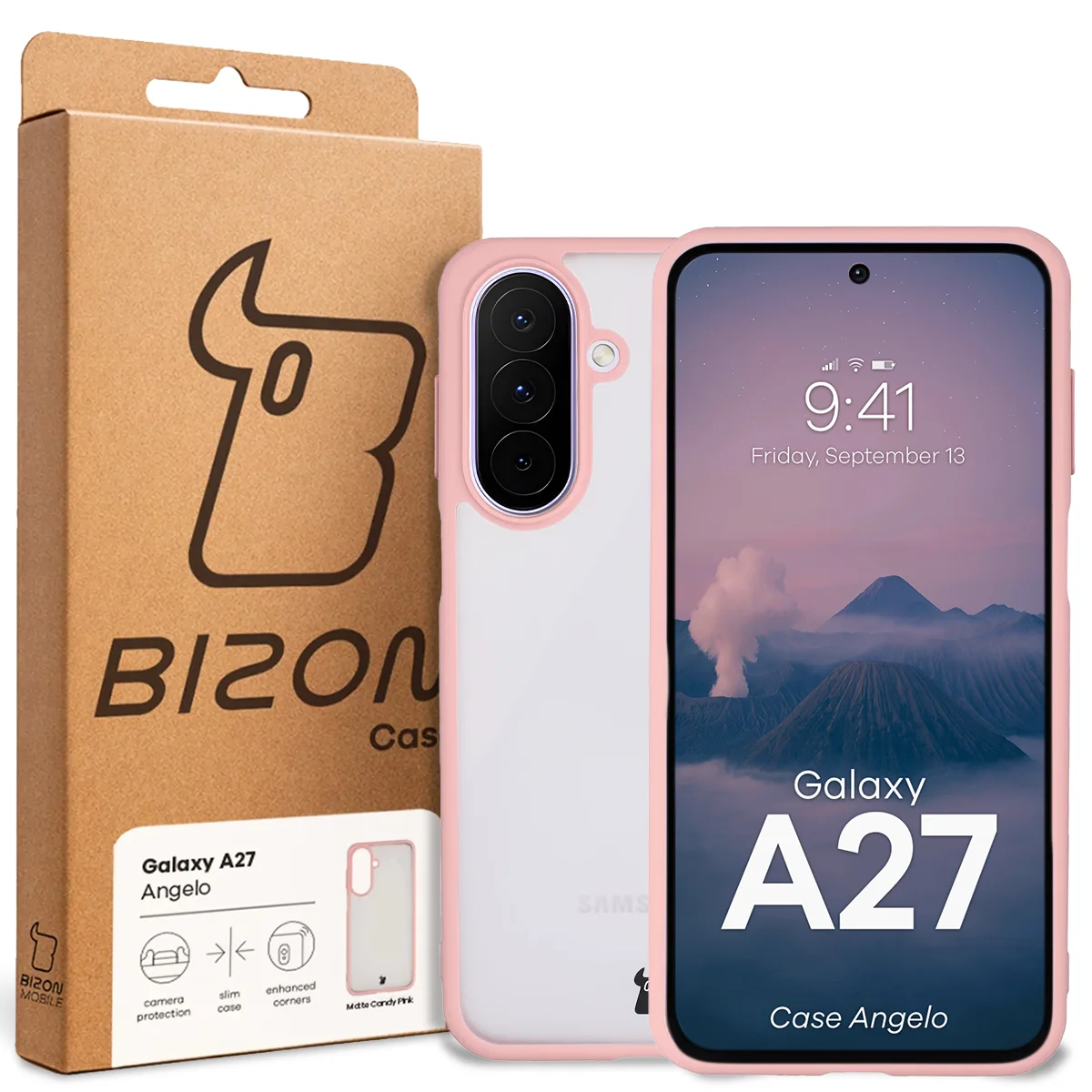 Front of the Bizon Case box with a dedicated label for Samsung Galaxy A27 5G