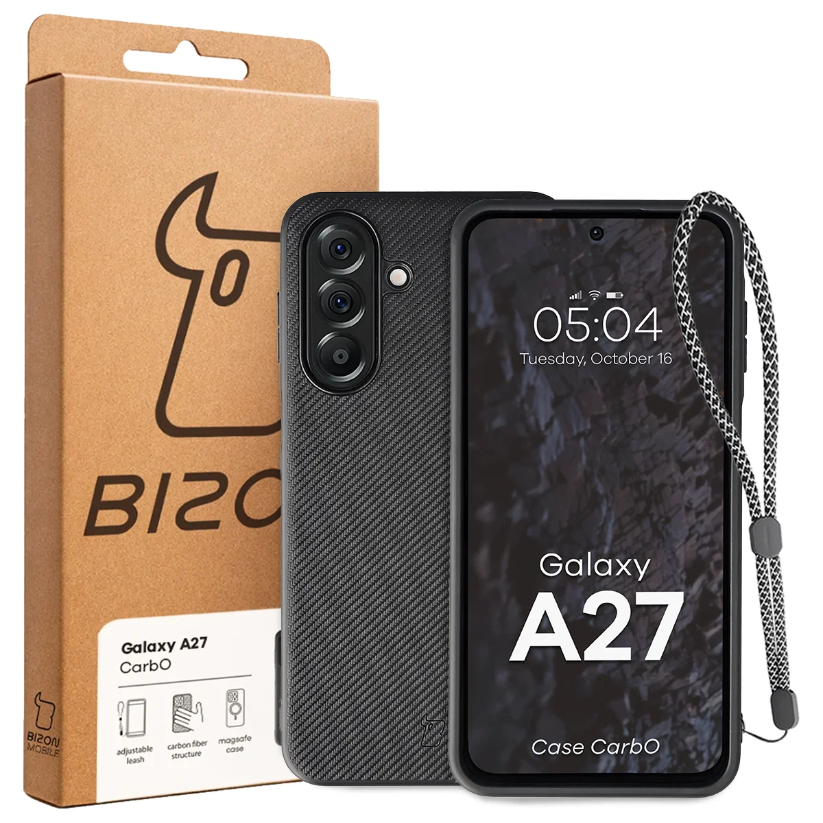 Front of the Bizon Case box with a dedicated label for Samsung Galaxy A27 5G