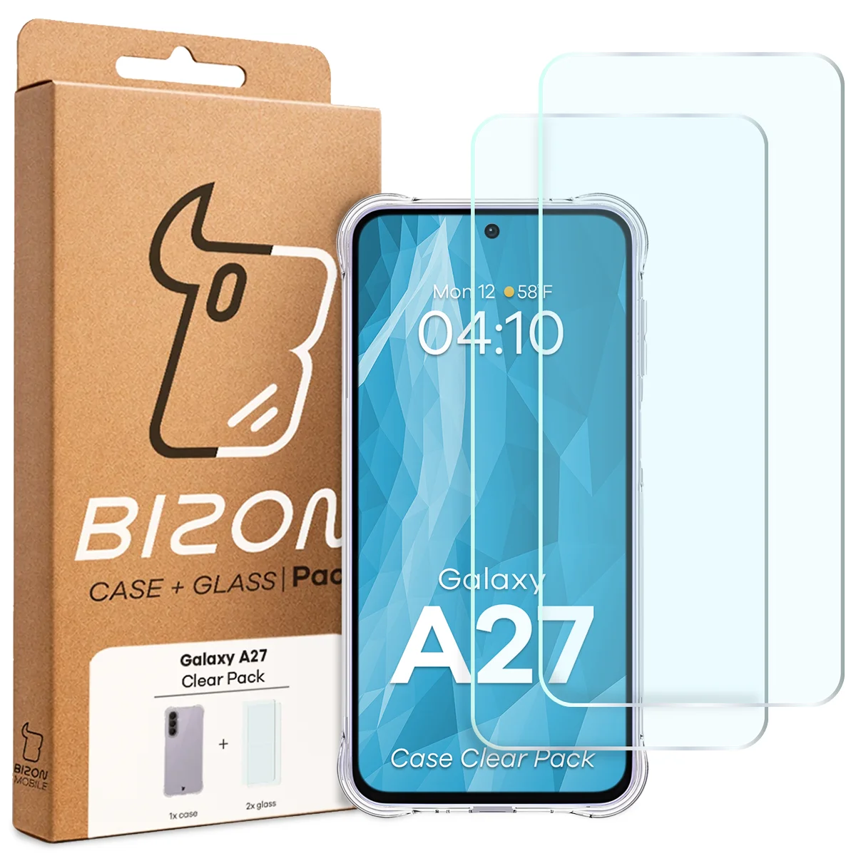 Front of the Bizon Case+Glass box with a dedicated label for Samsung Galaxy A27 5G