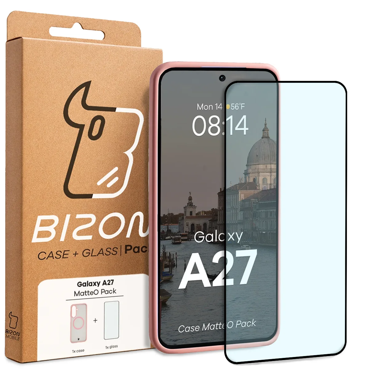 A Bizon Case Matteo Pack dobozának elülső oldala, dedikált címkével a Samsung Galaxy A27 5G-hez
