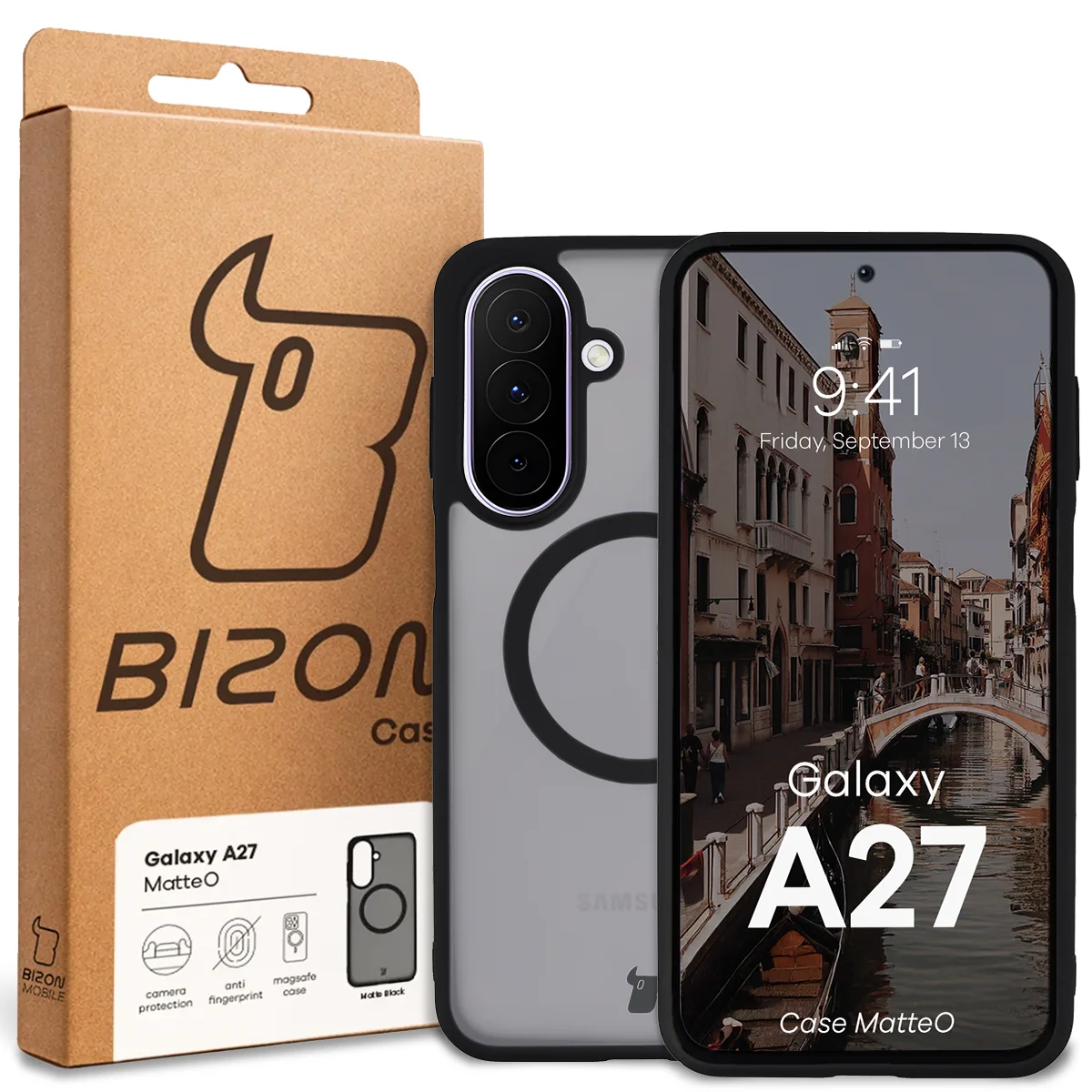 Fața cutiei Bizon Case cu etichetă dedicată pentru Samsung Galaxy A27 5G