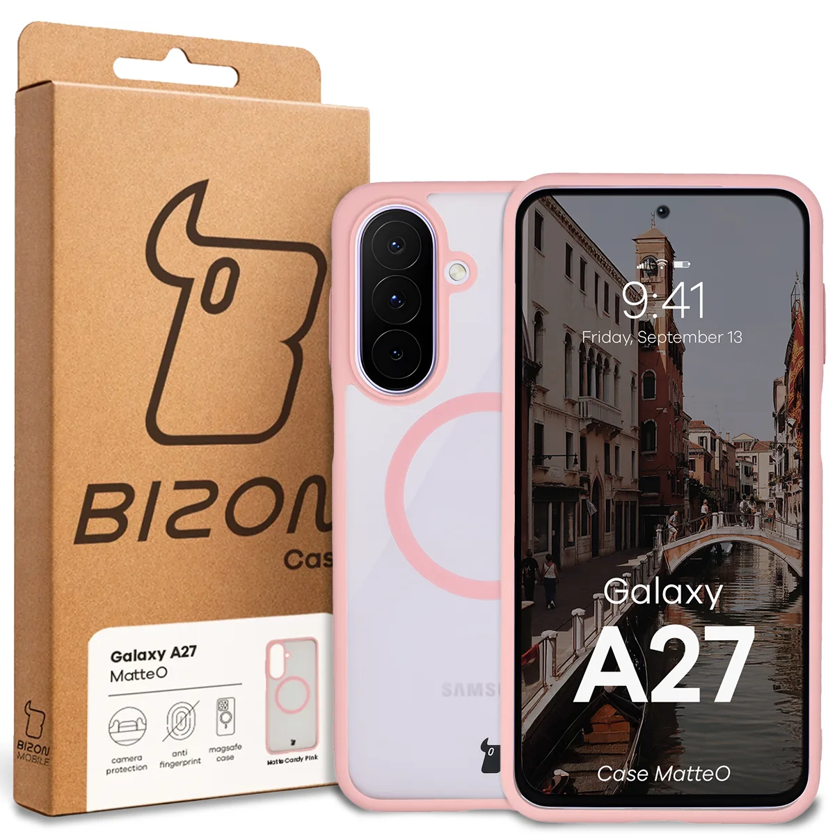 Fața cutiei Bizon Case cu eticheta dedicată pentru Samsung Galaxy A27 5G