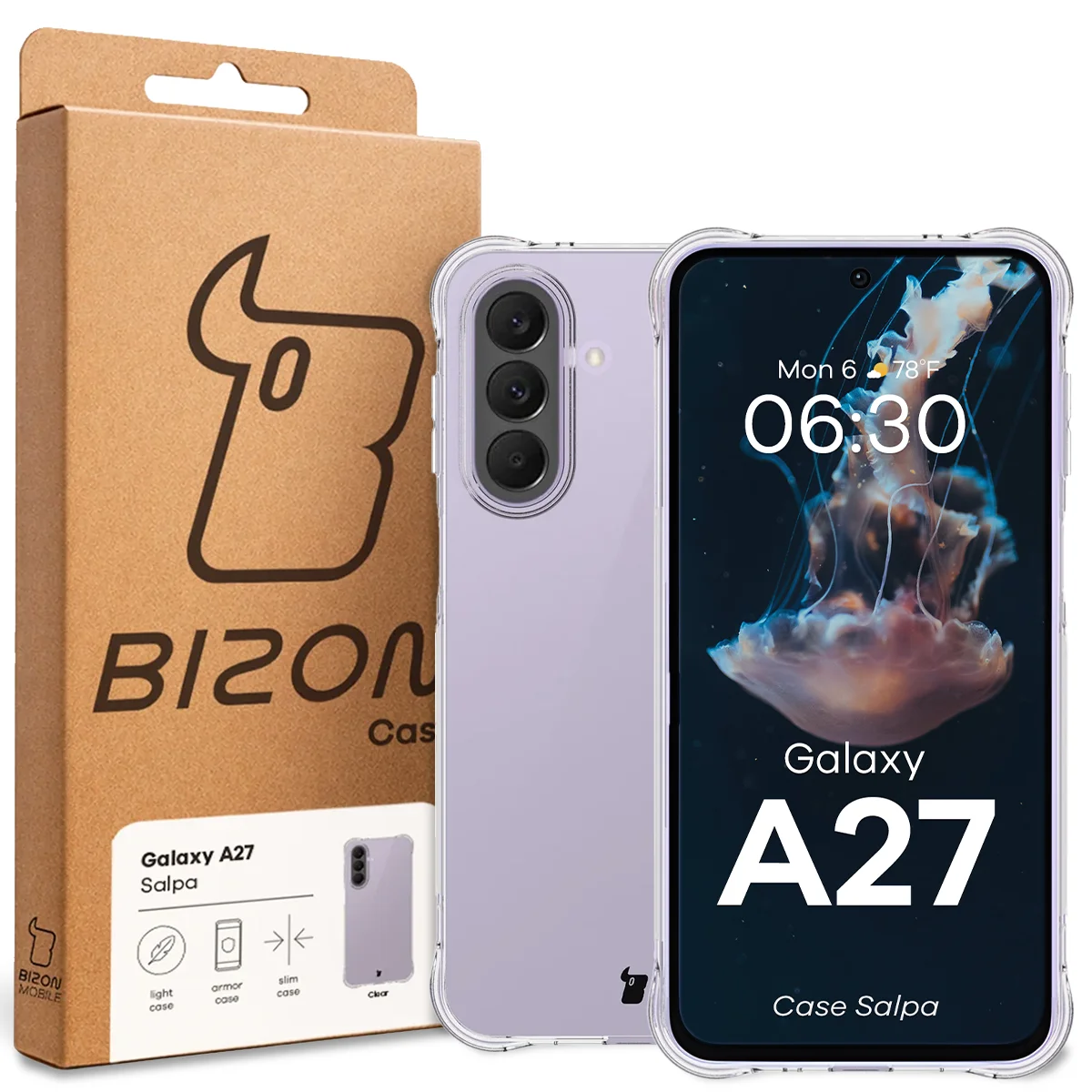 Front of the Bizon Case box with a dedicated label for Samsung Galaxy A27 5G