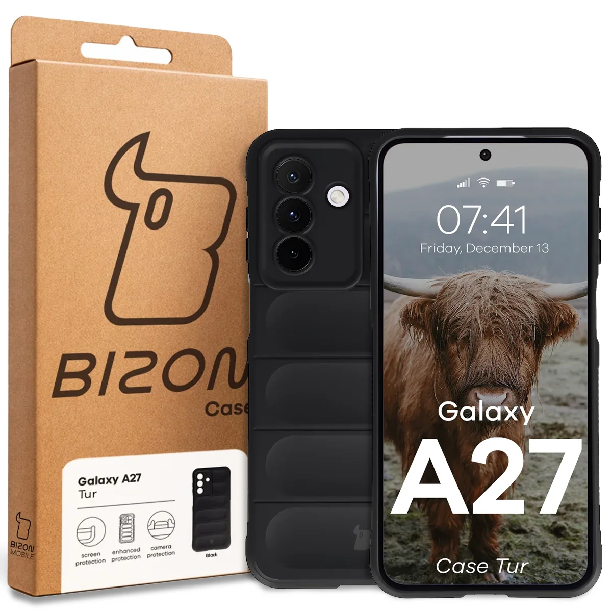 Front of the Bison Case box with a dedicated label for Samsung Galaxy A27 5G