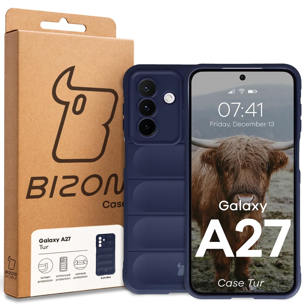 Front of the Bison Case box with a dedicated label for Samsung Galaxy A27 5G
