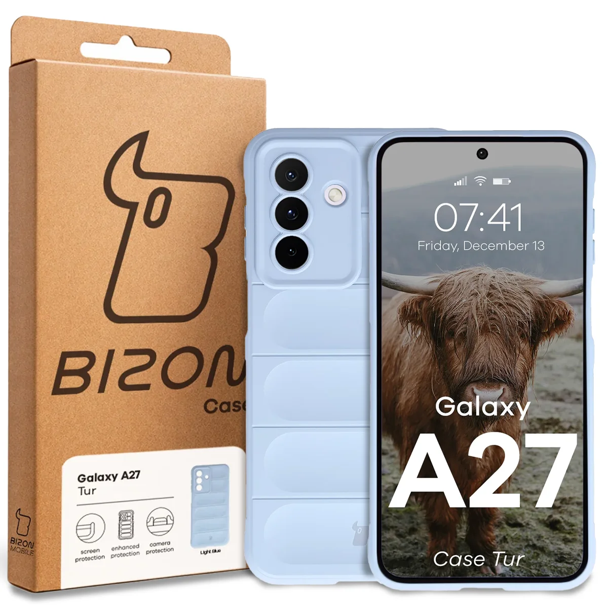 Front of the Bison Case box with a dedicated label for Samsung Galaxy A27 5G